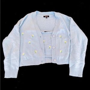 Blue Floral 2 Piece Cardigan Cropped Tank Top Set